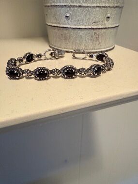 American West Sterling-Style Black Onyx Floral Link Bracelet 6-3/4 L